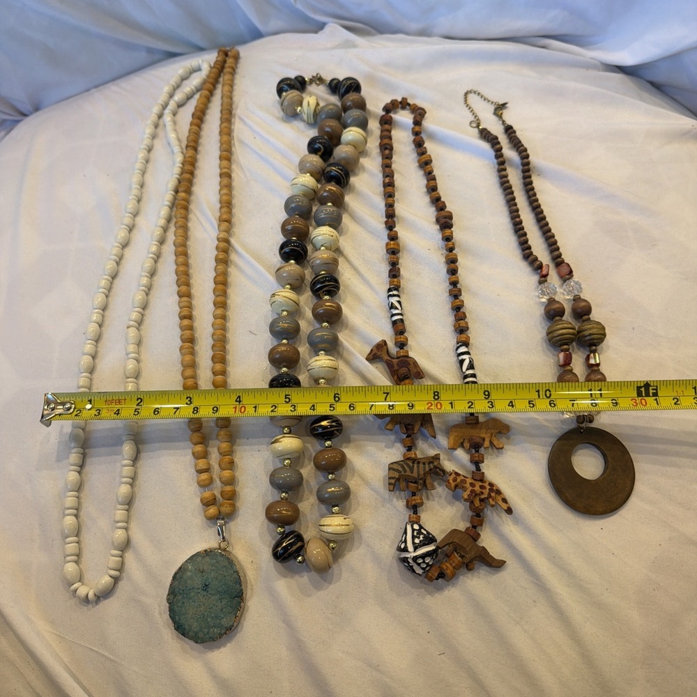 Lot of 5 Boho Statement Necklaces Wood Bead Druzy Pendant Chunky Artisan Jewelry - Picture 4 of 12